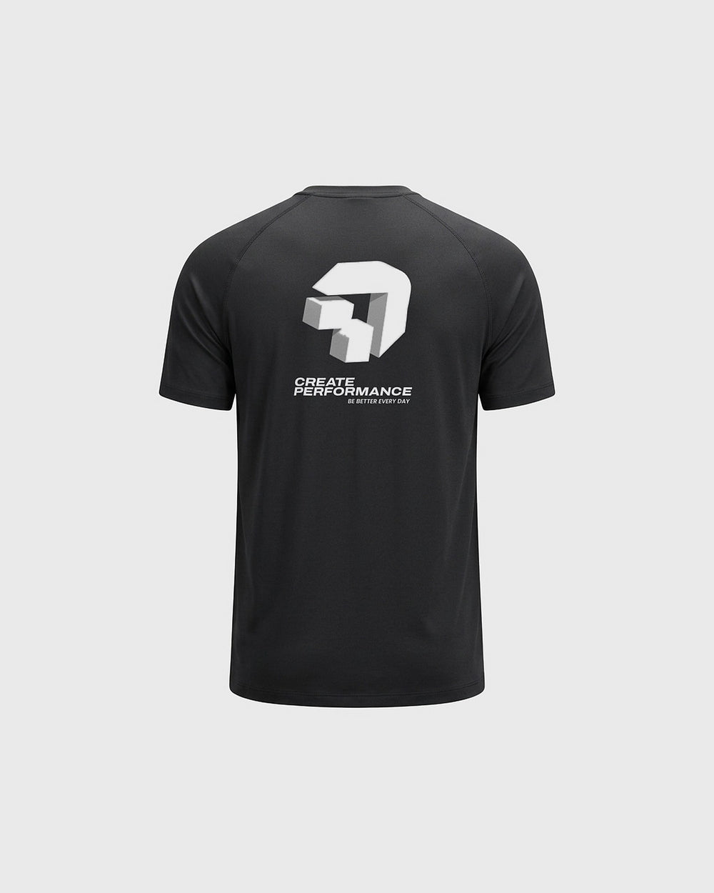 Performance Tee, achterkant: het logo als grote grijze 3D-print met Create Performance en Be better every day