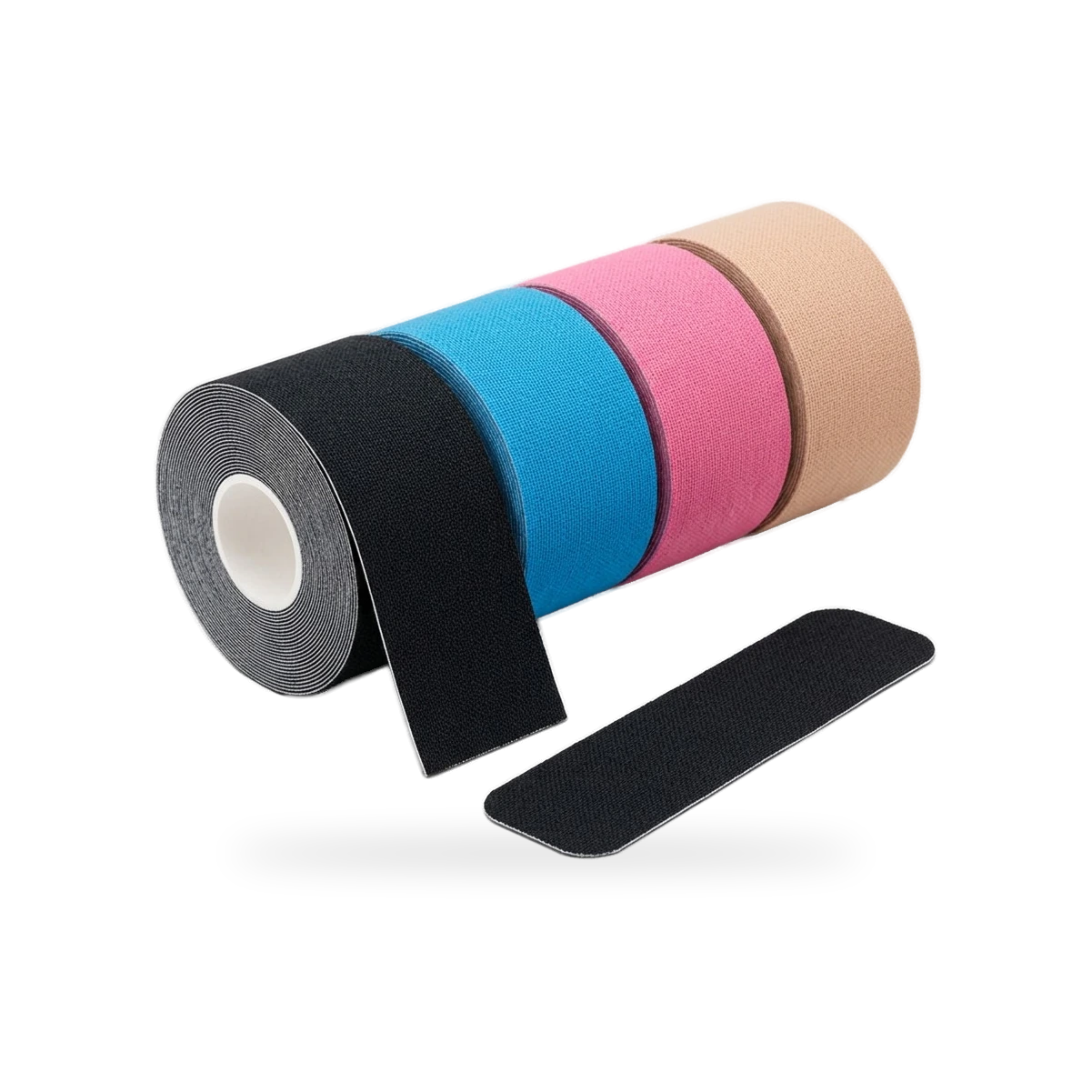 Rollen kinesiotape in zwart, blauw, roze en beige, met een los stuk tape