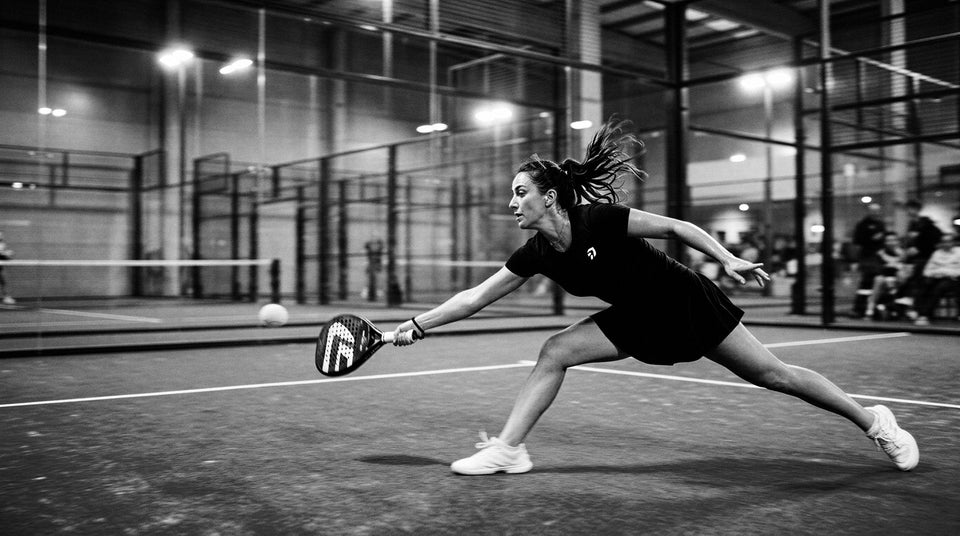 Zwart-wit: padelspeelster strekt zich naar de bal op een overdekte baan